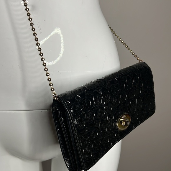Coach Riley Black Patent Leather Full Logo Crossbody Wallet on a Chain Bag - Picture 3 of 13